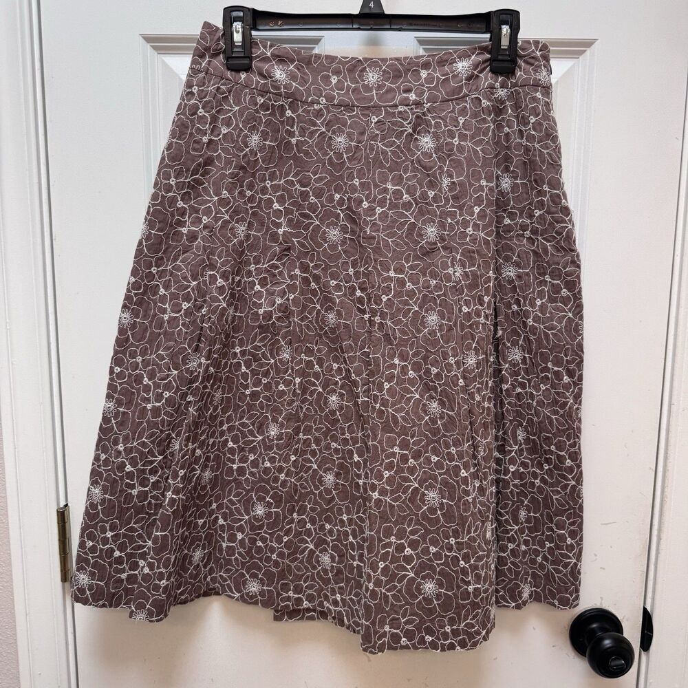 Boden Brown White Floral Print Skirt Womens 12R Boho Embroidered Cotton Side Zip